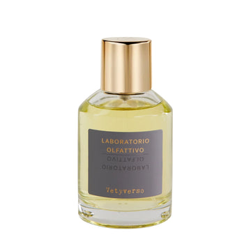 Vetyverso Masters' Collection By Laboratorio Olfattivo 100ml Eau de Parfum in a glass bottle with a gold cap with a light grey colored minimalist and elegant typographic label.